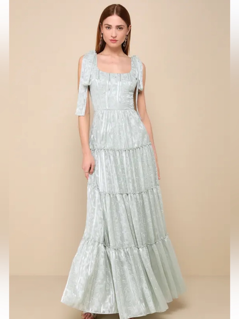 NWT Lulus Picturesque Allure Sage Green Jacquard Tie-Strap Maxi Dress